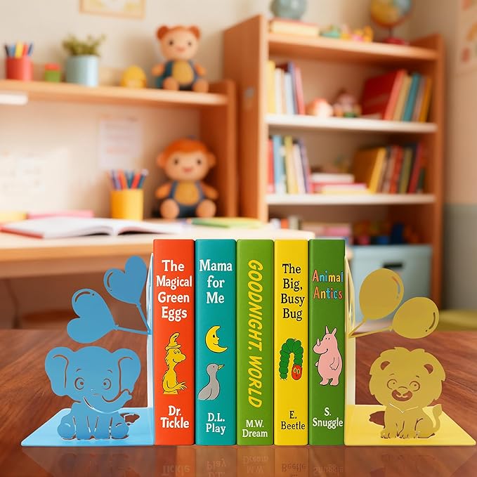 Animal Bookends – Cute Lion and Elephant Book Ends Decorative for Shelves, Safari Nursery Decor Kids Bookends, Unique Novelty Book Holders Heavy Duty Book Stopper for Home Bookshelf Decor