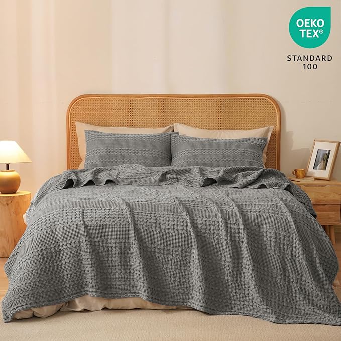 PHF 100% Cotton Waffle Weave Blanket Queen Size for Bed, Soft Lightweight & Breathable, All-Season Comfort, 300 GSM Luxury Aesthetic Blanket for Home Decor, 90"x90", Dark Grey