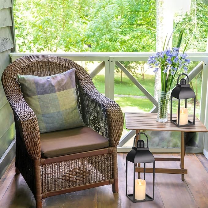 Lanterns Decorative Outdoor Indoor, Black Metal Outdoor Lanterns, 17'' 13'' Set of 2 Modern Farmhouse Candle Lantern Christmas Lanterns Centerpieces for Home, Wedding, Patio, Porch, Mantel