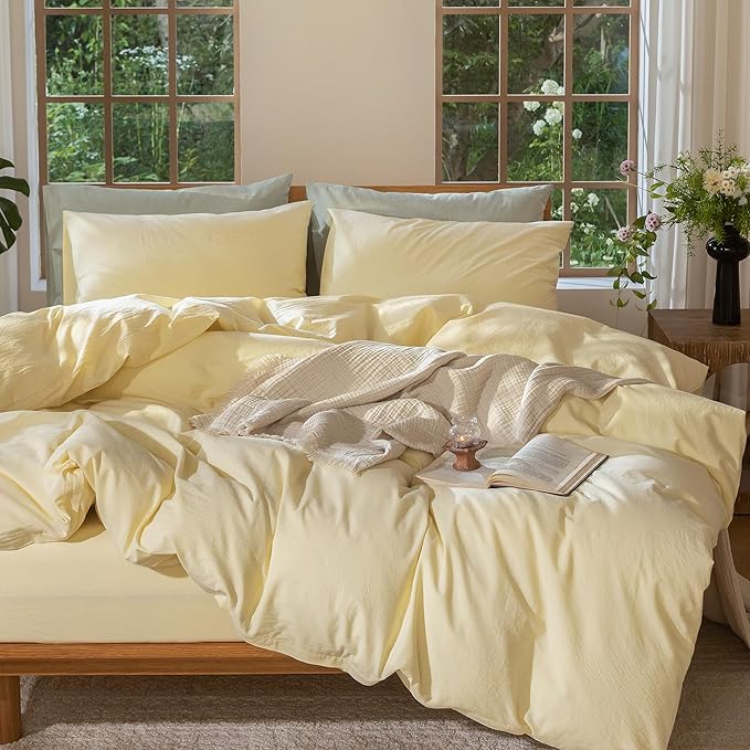 MooMee Bedding Duvet Cover Set 100% Washed Cotton Linen Like Textured Breathable Durable Soft Comfy (Heathered Butter Yellow, Oversized Queen 98"x98")