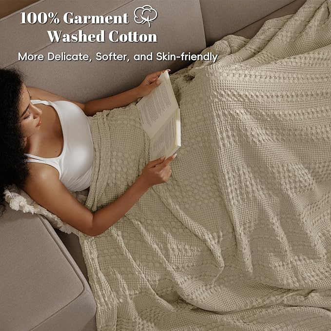 PHF 100% Cotton Waffle Weave Blanket Queen Size for Bed, Soft Lightweight & Breathable, All-Season Comfort, 300 GSM Luxury Aesthetic Blanket for Home Decor, 90"x90", Khaki