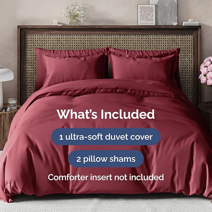 CGK Unlimited Duvet Cover King Size Set - Extra Soft King Size Duvet Cover 104 x 90 with 2 Pillow Shams - Hotel Quality, Fade Free w/Zipper Closures & Ties - Bedding and Bed Linens Set (Burgundy)