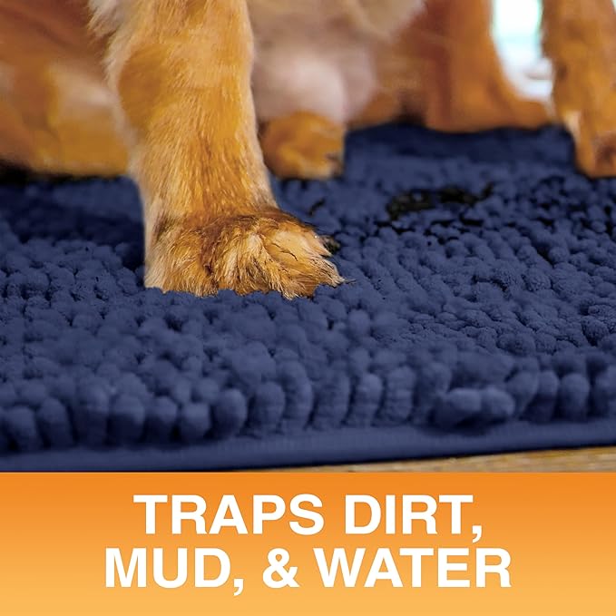 Neater Pets Chenille Dog Door Mat 24” x 17” – Super Absorbent & Quick-Dry Muddy Paws Doormat for Trapping Dirt, Water, Mud - Non-Slip & Machine Washable Pet Rugs for Entryway, Indoor Mud Mats, Navy