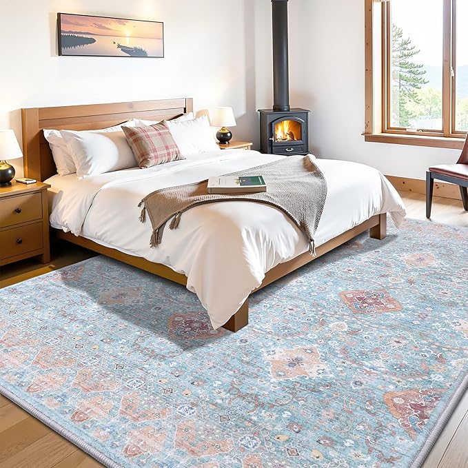 Vanmoos 5x7 Area Rugs for Living Room, Bedroom - Machine Washable, Non-Slip Bedside Rug, Large Soft Floor Carpet for Office, Dining Room, Farmhouse and Home Decor, Charm/Turquoise