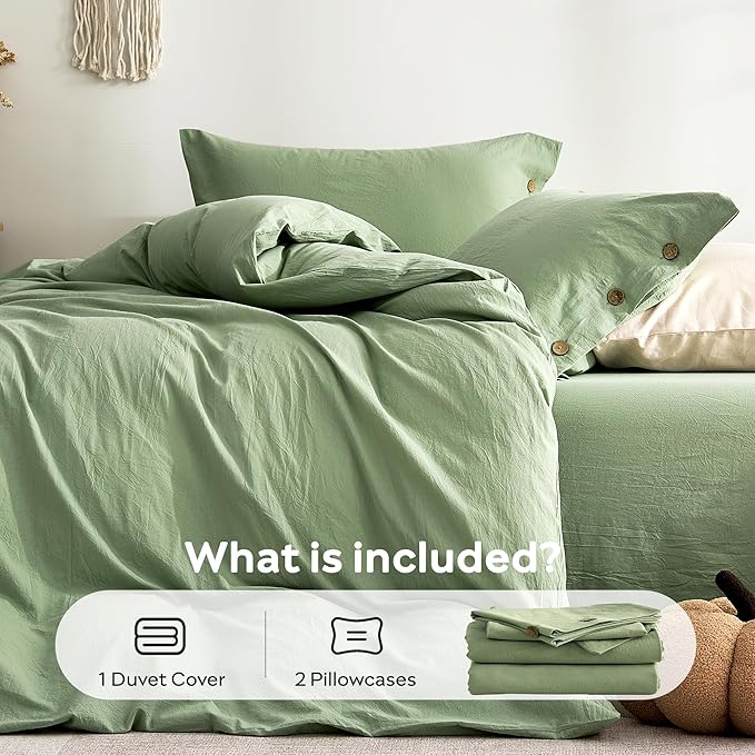 JELLYMONI 100% Washed Cotton Duvet Cover Full – Soft, Breathable Linen-Look Bedding with Natural Wrinkle Texture, Button Closure, 3-Piece Set (Mint Green, 80"x90")