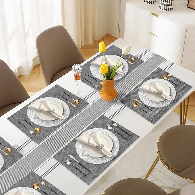SK Studio 19Pcs Boho Table Runner Placemat and Napkin Ring Set Rectangle and Round Meal Mats Macrame Table Runner with Tassels for Wedding Kitchen Dining, Grey