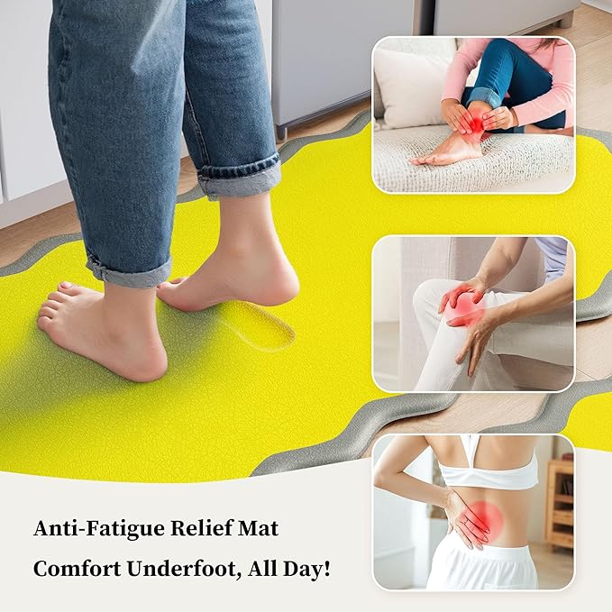 Scalloped Yellow Gray Kitchen Mats Rugs Sets of 2 Cushioned Anti Fatigue Floor Mat Waterproof Kitchen Rugs Non Slip Foam Comfort Standing Mat for Sink Laundry