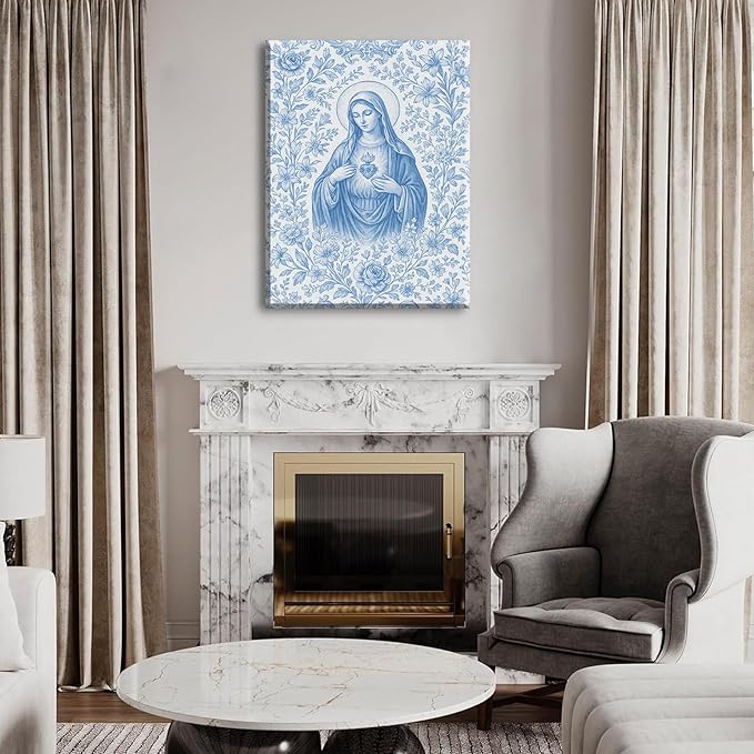 Blue Virgin Mary Immaculate Heart Canvas Wall Art Christian Catholic Wall Decor Our Lady of Guadalupe Portrait Poster Prints Religious Bible Artwork for Living Room Prayer Room Church 12x16in