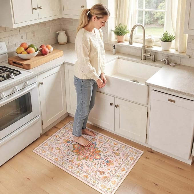RELEANY Area Rugs 2'x3' Washable Non-Slip, Floral Vintage Distress Print Pattern Medallion Carpet for Living Room Bedroom Dining Room, Light Pink Colorful