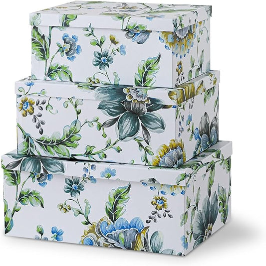 Soul & Lane Breezy Bloom Floral Storage Boxes with Lid - Set of 3: Home Décor Memories Cartons, Nesting Decorative Photo Storage Containers, Flower Paperboard Keepsake Bins, Cardboard File Boxes