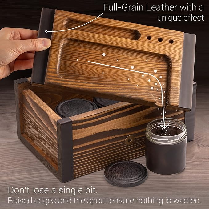 Large Kit - Wooden Storage Box with Decorative Tray & Pack of 3 UV Blocking and Airtight Glass Jars for Herbs/Accessories - Unique Portable Men Gift Set