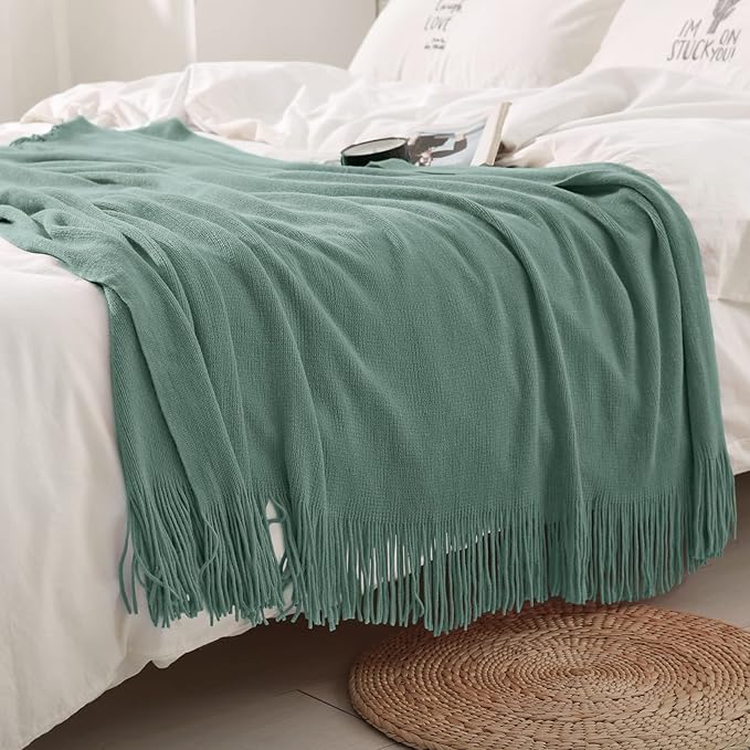 Homiest Decorative Knitted Throw Blanket with Fringe, Lightweight Acrylic Knit, Soft & Cozy Tassel Blanket for Couch, Sofa, Bed (Sage Green, 50 x 60 Inch)