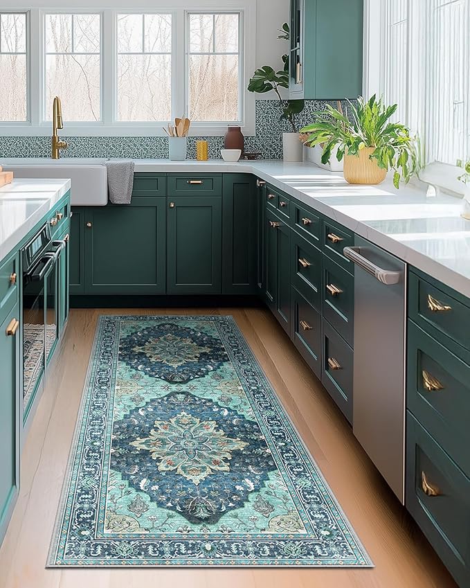 RELEANY Area Rugs 2'x6' Washable Non-Slip, Floral Vintage Distress Print Pattern Medallion Carpet for Living Room Bedroom Dining Room, Teal Green Lake Blue Turquoise