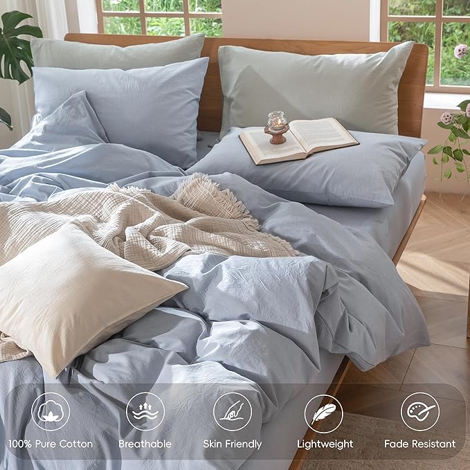 MooMee Bedding Duvet Cover Set 100% Washed Cotton Linen Like Textured Breathable Durable Soft Comfy (Heathered Cornflower Blue, Twin 68"x90")