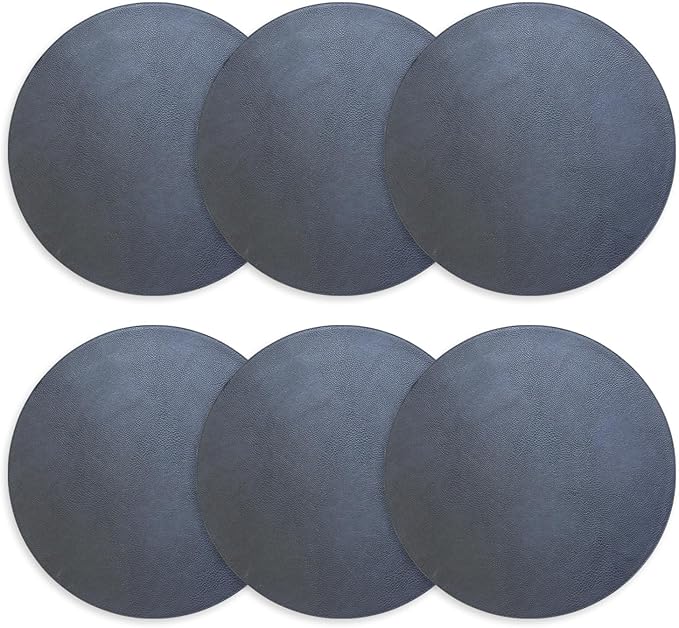 Placemats Set of 6 – Round 15” Faux Leather Table Mats for Dining, Heat Resistant & Non-Slip Washable Table Decor, Indoor, Outdoor, Dining Table Set for 6, Modern Kitchen & Holiday Use, Navy