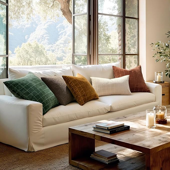 MIULEE Decorative Chenille Check Throw Pillow Covers Vintage Plaid Couch Pillows 18x18 Inch Set of 2 Neutral Boho Farmhouse Cushion Covers Modern Home Decor for Sofa Bed Living Room Burnt Orange