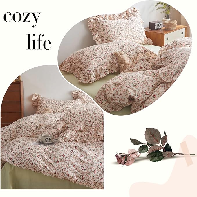 Girls Pink Floral Duvet Cover Full Size Cute Pink Red Flower Duvet Cover 100% Cotton Aesthetic Floral Bedding Set Botanical Flower Cottagecore Comforter Cover with Ruffle Pillowcases for Teen Girls