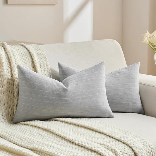 FUTEI Light Grey Chenille Decorative Throw Pillow Covers 12x20 Inch Set of 2,Soft Crushed Striped Texture Lumbar Pillow Cases,Modern Home Decor for Couch Bed Living Room