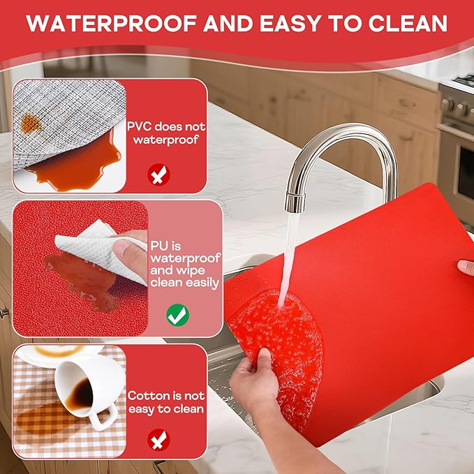 Faux Leather Placemats Set of 6, Vinyl Placemats Heat Resistant Place Mats, Waterproof Oil-Proof Wipeable Dining Table Mats and Coasters for Kitchen, Indoor, Outdoor (Red)