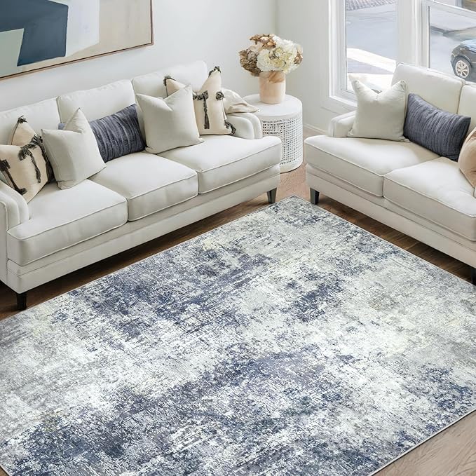 AREAMAY Washable Area Rug 5x7 - Neutral Modern Abstract Rugs, Soft Non Slip Thin Carpet with for Bedroom, Under Dining Room Table, Home, Office, Dorm, Office Rolling Chair - Indigo Gray