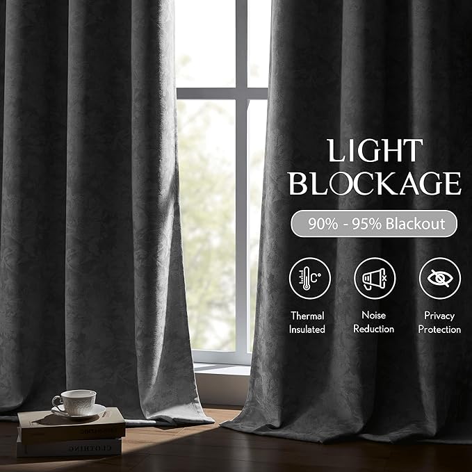 Beauoop Grey Floral Jacquard Blackout Curtains 120 Inches Long 2 Panels for Bedroom Living Room Gray Flower Chenille Room Darkening Thermal Soundproof Grommet Window Treatments Drapes, 52x120