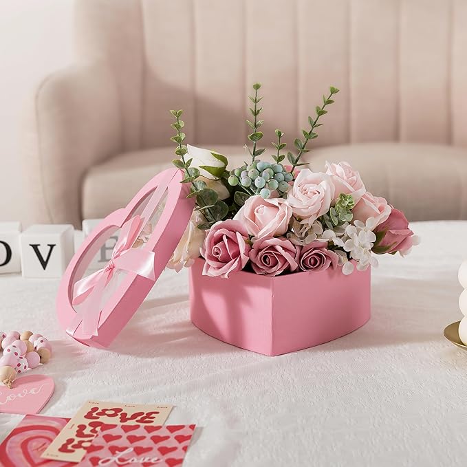 Soul & Lane Pink Heart Shaped Gift Boxes with Clear Lids and Decorative Bows: Set of 3 Cardboard Heart Boxes for Flowers, Chocolates, Large Box for Flower Arrangements and Valentine’s Day Presents