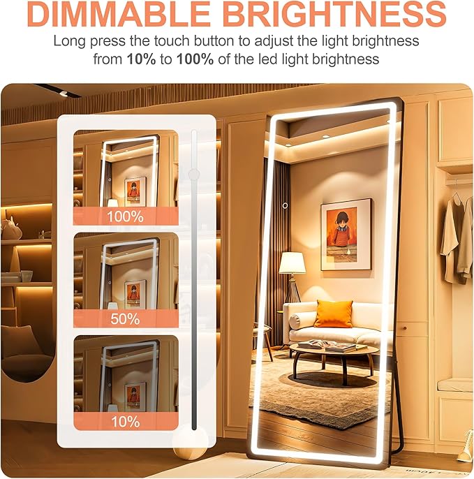 Full Length Mirror with Lights, 56" x 15.8" LED Lighted Floor Standing Body Mirror, Dimmable & 3 Color Lighting for Bedroom, Cloakroom, Dressing Room, Tempered Glass, Black