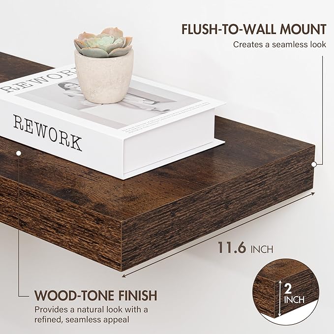 36 Inch Floating Shelves, 12" Deep Floating Shelf Wall Mounted, 36" Wall Shelves, Rustic Deep Bookshelf, Extra Deeper & Thicker Display Shelves for Bedroom, Living Room, Brown, Set of 2