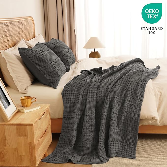 PHF 100% Cotton Waffle Weave Throw Blanket, Soft Lightweight Breathable Cozy Throws for Couch Bed Sofa, 300 GSM Luxury Aesthetic Blanket Gift for Home Decor & Office, 50"x60", Charcoal Grey