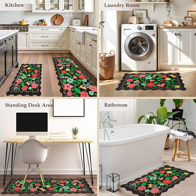 Scalloped Black Kitchen Mats for Floor 2PC Cushioned Anti Fatigue Kitchen Mats Rugs Waterproof Non Slip Boho Floral Comfort Foam Standing Mat for Sink Laundry,17.3x30+17.3x59