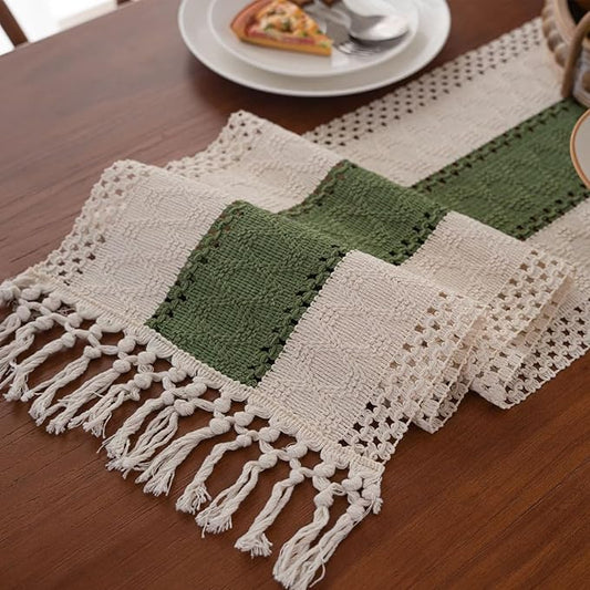 Niviy St Patricks Day Decorations Dark Green Table Runner 72 Inches Long with Tassels, Seasonal Spring Summer Washable Embroidered Striped Braided Boho Table Runners for Holiday Party 12 x 72 Inches