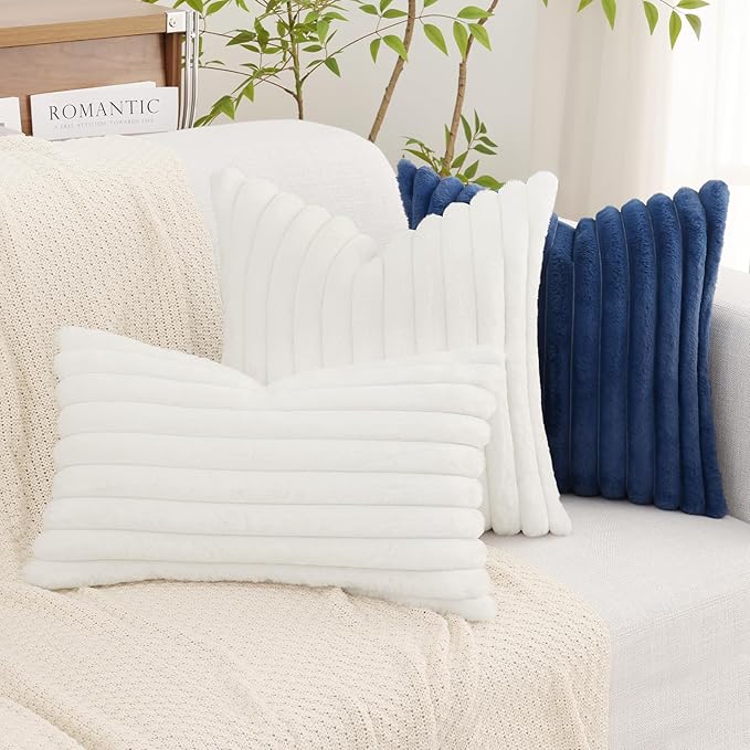 decorUhome Faux Fur Spring Throw Pillow Covers 18x18 Set of 2, Decorative Soft Plush Striped Neutral Couch Pillow Covers with Velvet Back for Sofa, Bed, Living Room Home, White