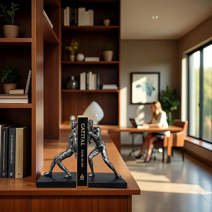 Modern Abstract Man Bookends Set of 2 – Heavy Duty Resin Sculpture Book Stoppers, Decorative Book Ends for Home Office Bookshelf Organize