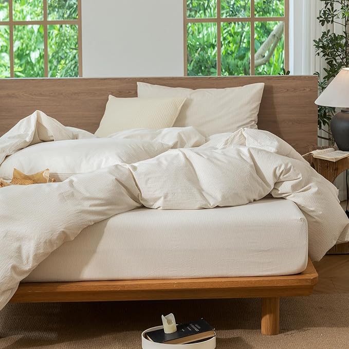 MooMee Striped Duvet Cover Set 100% Washed Cotton Linen Like Textured Breathable Durable Soft Comfy (Almond Milk Grey Pinstripes, Cal King 104"x98")