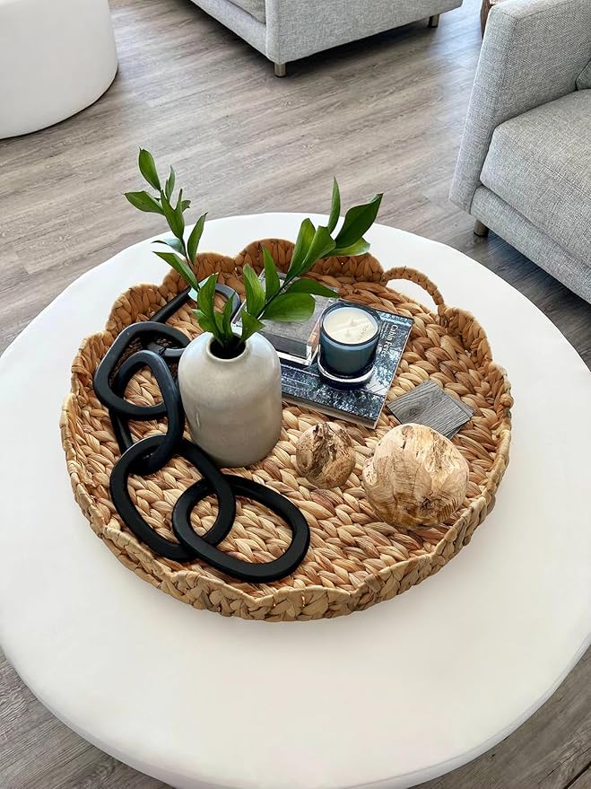 Extra Large Round Ottoman Table Tray 19.7" with Handles - Handmade Wicker Serving Hand Woven Tray for Farmhouse Decorative Oversized Coffee Table Trays Living Room Kitchen Counter Breakfast Scalloped
