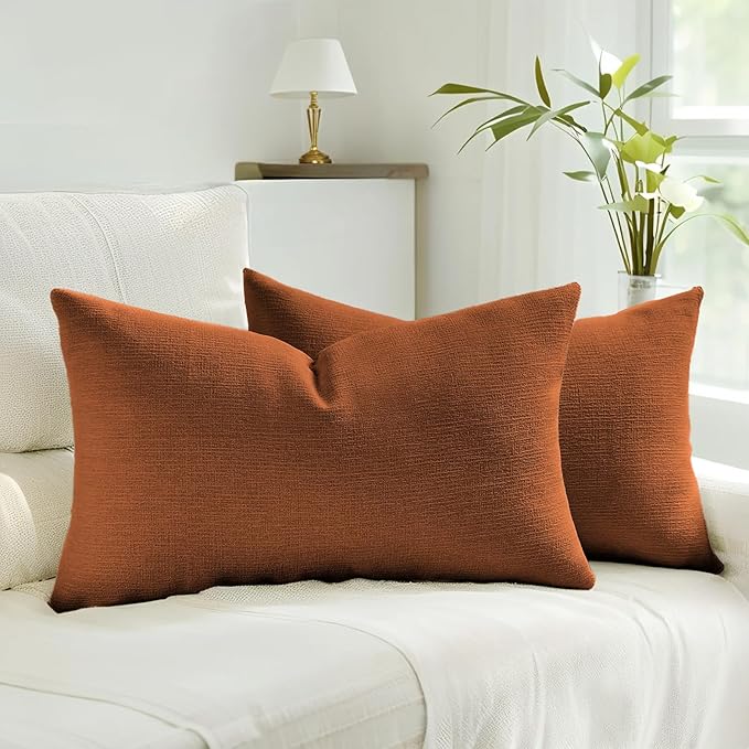 HAUSSY Rust Throw Pillow Covers 12x20 Inch Set of 2,Boho Decorative Faux Linen Lumber Throw Pillows Cozy Farmhouse Accent Cushion Covers,Home Decor for Couch Sofa Bed Living Room