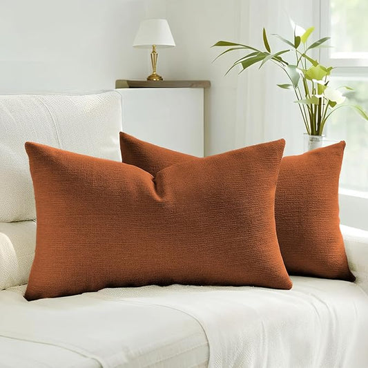 HAUSSY Rust Throw Pillow Covers 12x20 Inch Set of 2,Boho Decorative Faux Linen Lumber Throw Pillows Cozy Farmhouse Accent Cushion Covers,Home Decor for Couch Sofa Bed Living Room