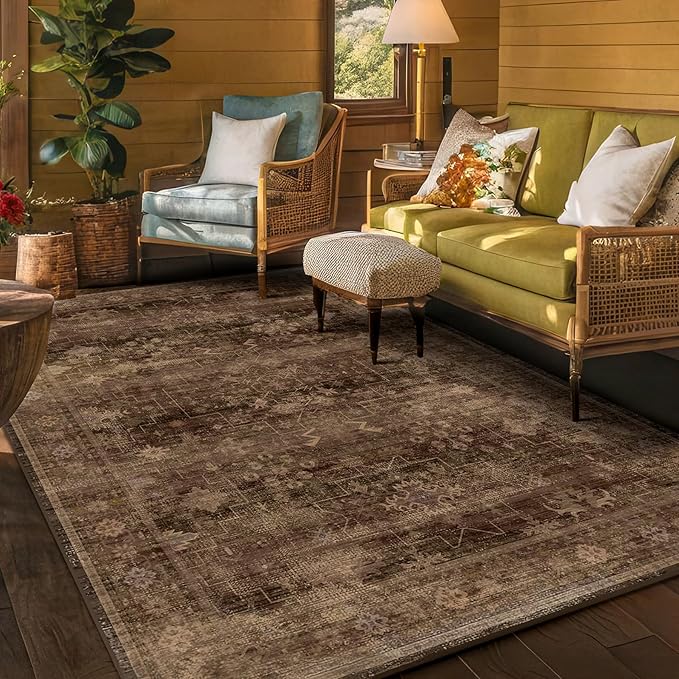 Hazo Haus Boho Taupe Brown 5x7 Living Room Rug - Modern Vintage Traditional Oriental Neutral, Washable Low Pile Non-Slip Large Area Rugs for Nursery Dining Under Table