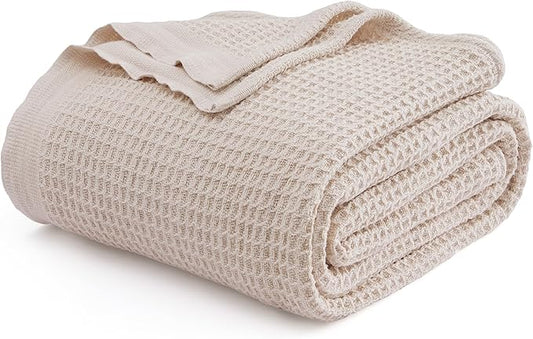 Bedsure Gentlesoft 100% Cotton Blanket King Size for Bed - Breathable and Soft for Spring Summer, Thick Cozy Waffle Weave Blanket Gifts for Women, Begie, 104x90 inches