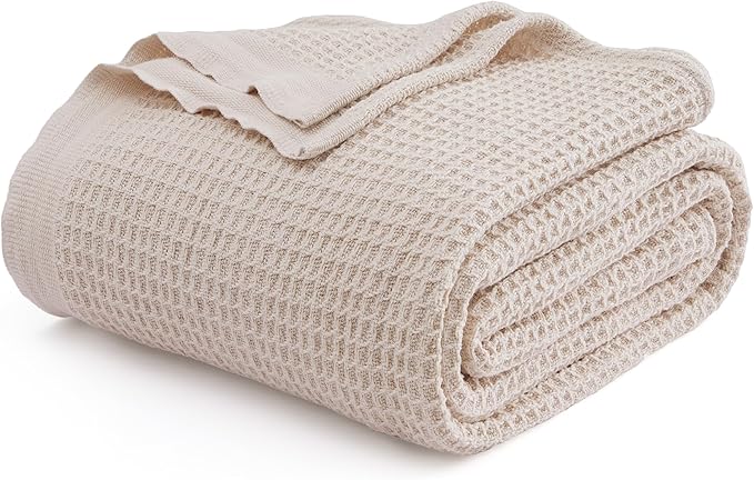 Bedsure Gentlesoft 100% Cotton Blanket Queen Size for Bed - Breathable and Soft for Spring Summer, Thick Cozy Waffle Weave Blanket Gifts for Women, Begie, 90x90 Inches
