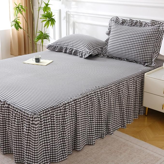 Silnuo Black/White Plaid Bed Skirt Washed Cotton Shabby Gingham Checkered Dust Ruffle King Size 14" Bedding(1 Bed Skirt Only)