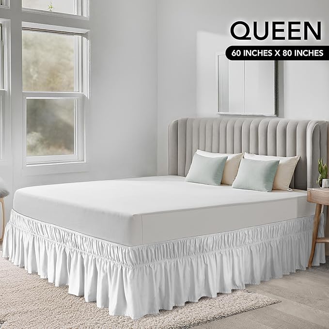 Utopia Bedding Queen Elastic Bed Ruffle - Easy Wrap Around Ruffle - Microfiber Bed Skirt with Adjustable Elastic Belt 16 Inch Tailored Drop - Hotel Quality Bedskirt, Fade Resistant (Queen, White)