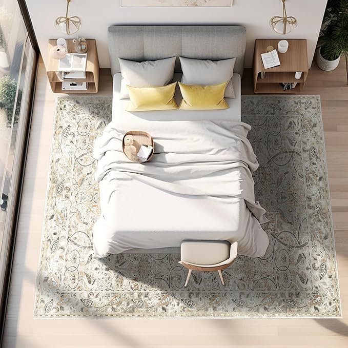 Fortsea 8x10 Large Beige Area Rug, Machine Washable Non Slip Low Pile Carpet for Spacious Room (8x10, Beige)