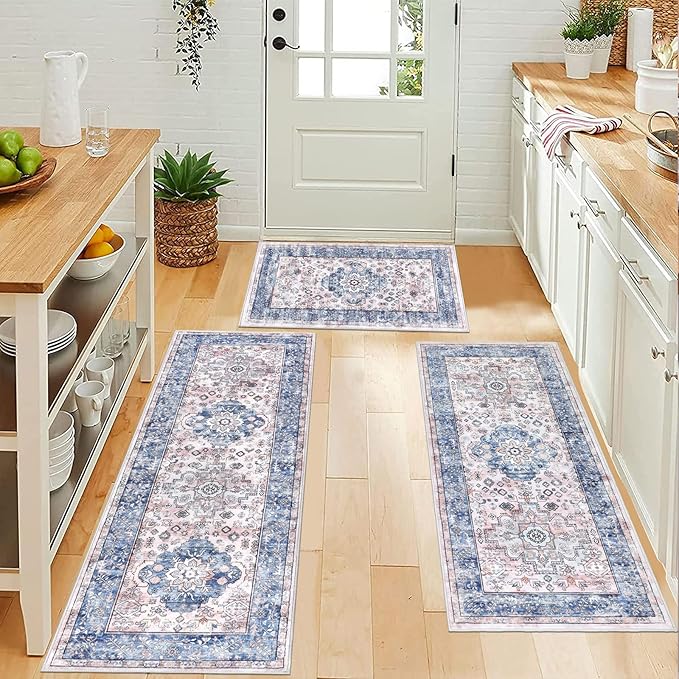 Pauwer Kitchen Rugs Sets of 3 Non Slip Washable Kitchen Mats for Floor Farmhouse Kitchen Floor Mat Runner Rug Boho Kitchen Sink Rug Carpet for Kitchen Hallway Laundry Room, Blue