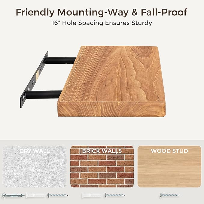 48" Rustic Elm Wood Floating Shelves, 8 Inch Deep Wall Shelves for Home Decor, Wall Mounted Floating Shelf with Invisible Bracket, Heavy-Duty Storage & Display Shelf for Living Room, Kitchen, Set of 1