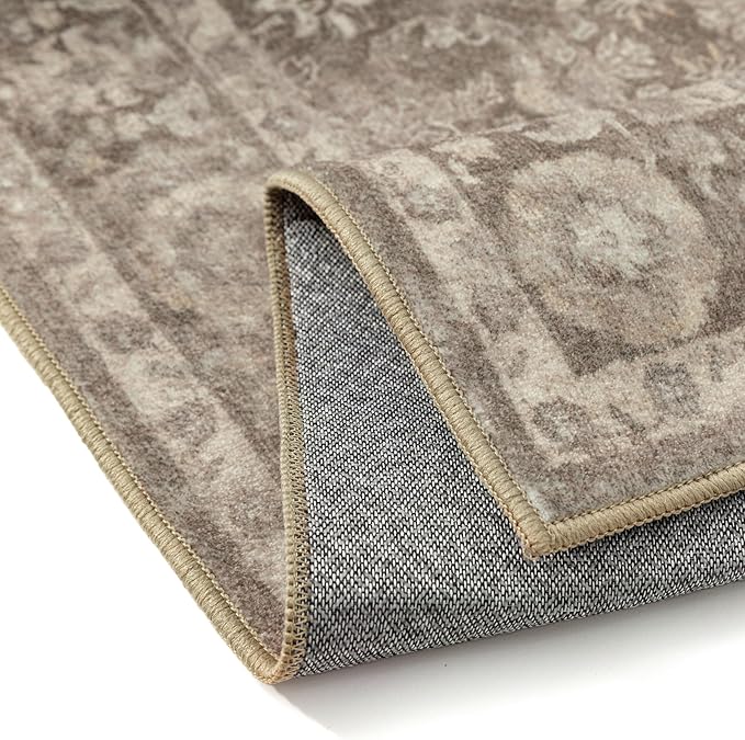 PureCozy 5x7 Area Rug Brown Washable Living Room Bedroom Carpet Vintage Distressed Non Slip Low Pile Thin Dining Room Office Medallion Accent Throw Rug