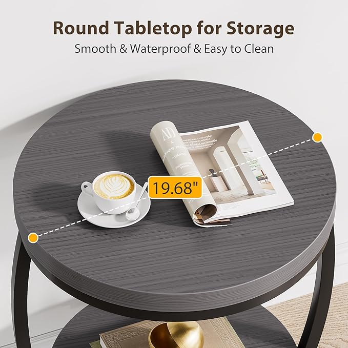 Round End Table, 2 Tier Industrial Side Table, Nightstand with Metal Frame, Accent Bedside Table with Storage Shelves for Living Room, Bedroom, Small Spaces, Gray Brown & Black