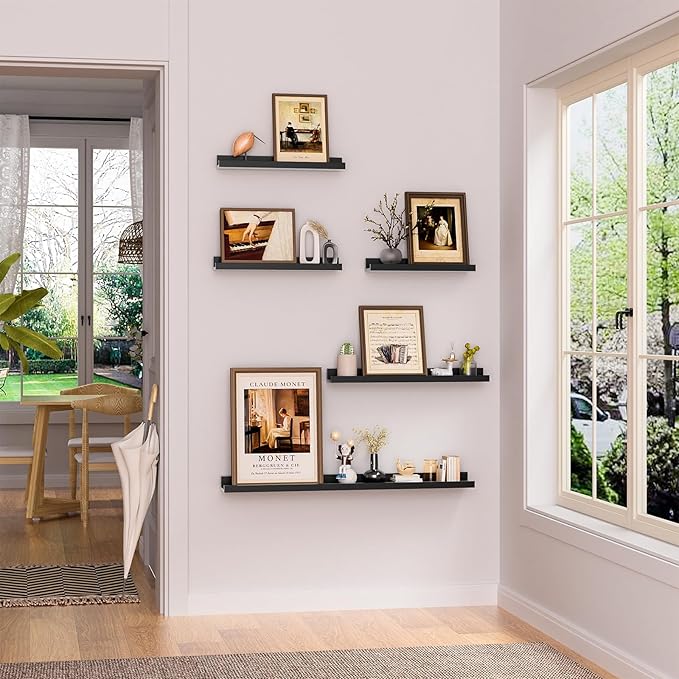 Heimlove Floating Shelves Set of 6, 24" Wall Mounted Picture Ledge, Display Shelf Organizer for Decor Storage, Wall Mounted Shelves for Living Room, Bedroom, Bathroom, Kitchen (Black)