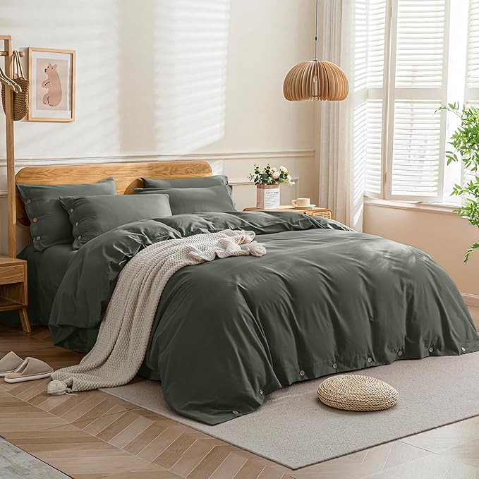 JELLYMONI Cotton Duvet Cover Cal King Size - Gray Comforter Cover with Button 100% Washed Cotton 3PCS Breathable Soft Solid Bedding Set Duvet Cover 104×98in & 2 Pillowcases (NO Comforter)