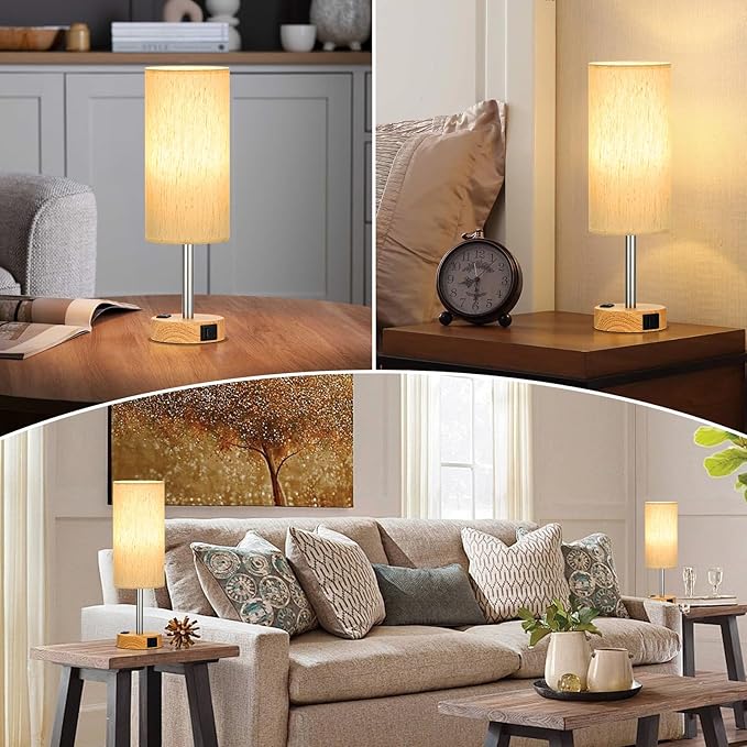 Touch Bedside Table Lamps Set - 3 Way Dimmable Bedroom Lamps Set of 2 with USB C and A Ports, Small Lamps for Nightstand with AC Outlet, Wood Base Round Flaxen Shade for Desk, Office, Dorm, Nursery